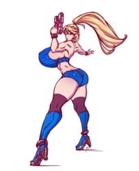 1girls big_ass big_breasts bimbo blonde_hair bra casual_outfit_(metroid) color gun high_heels huge_breasts looking_at_viewer metroid muscular muscular_bimbo muscular_female n647 nintendo nipples_visible_through_clothing samus_aran shorts skimpy thick_thighs voluptuous wide_hips zero_suit_samus