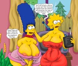 2girls alternate_breast_size bent_over big_ass big_breasts breasts bynshy chubby clothing dress half_naked large_breasts lisa_simpson marge_simpson milf multiple_girls the_simpsons yellow_body