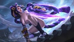 breasts female hanabi_(mobile_legends) hi_res highres kunoichi long_hair mobile_legends mobile_legends:_bang_bang naked ninja nipples solo_female stockings violet_hair weapon yabasu