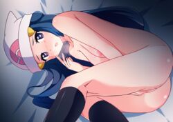 areolae ass bad_id beanie bed bed_sheet black_legwear black_socks blue_eyes blue_hair blush blushing blushing_at_viewer body_blush breasts breath censored collarbone commentary_request dawn_(pokemon) eyelashes feet_out_of_frame female full_face_blush hair_ornament hairclip hat heart heart-shaped_pupils heart_in_eye highres kneepits long_hair looking_at_viewer lying lying_on_bed masturbation mosaic_censoring neck nintendo nipples on_side open_mouth peace_sign pokemon pokemon_dppt shiny shiny_skin small_nose socks solo symbol_in_eye white_headwear