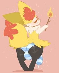 1boy 2020 absurd_res anthro ass backsack backsash balls braixen bulge canid clothed clothing digital_media_(artwork) fire fur genitals hair hi_res inner_ear_fluff looking_at_viewer looking_back male male_only mammal nintendo panties penis pokémon_(species) pokemon pokemon_(species) red_eyes simple_background solo sparkles standing tuft underwear video_games yellow_body