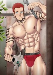 1boy abs aqua_eyes ball_bulge bara biceps big_brother bodybuilder bulge dilf enen_no_shouboutai fire_force goat_skull male male_nipples male_only masculine muscles muscular_male pecs penis_bulge red_hair red_underwear smooth_skinned_male softcore solo suyohara tagme tattoos thick thick_legs thick_thighs underwear underwear_only vulcan_joseph