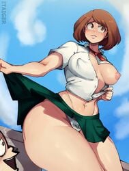 big_ass big_butt blush breasts breasts_out brown_hair erect_nipples erect_nipples_under_clothes huge_ass lifted_by_self lifting_skirt looking_to_the_side minoru_mineta my_hero_academia ochako_uraraka open_shirt panties short_hair sidescreen_character skirt_lift taigerarts thick thick_thighs thong wide_hips wide_thighs