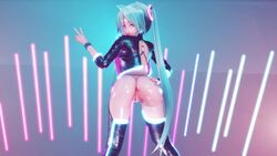 1girls 3d ass hatsune_miku looking_at_viewer looking_back peace_sign pussy thatoneguy vocaloid