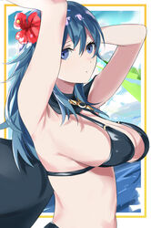 1girls arms_up bikini black_bikini black_swimsuit blue_eyes byleth_(fire_emblem) byleth_(fire_emblem)_(female) byleth_(summer)_(fire_emblem)_(female) fire_emblem fire_emblem:_three_houses fire_emblem_heroes flower hair_flower large_breasts long_hair looking_at_viewer nintendo red_flower solo teal_hair tomas_(kaosu22) tomasupso2