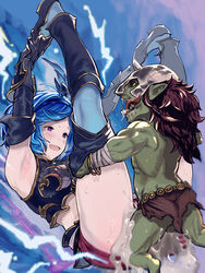 1boy 2equal8 blue_hair blush bob_cut breasts clothed_sex conqueror_of_the_eternals djeeta_(granblue_fantasy) excessive_cum female goblin goblin_male granblue_fantasy highres interracial medium_breasts purple_eyes sex short_hair size_difference smile straight sweat