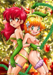 2girls a-ko_magami areola belt blonde_hair blush breasts c-ko_kotobuki curvaceous duo female flower_in_hair gloves green_eyes grin human large_breasts light-skinned_female light_skin long_gloves long_hair looking_at_viewer multiple_girls nipples panties panties_down project_a-ko red_eyes red_hair short_hair small_breasts wide_hips yuri yurihaven.com