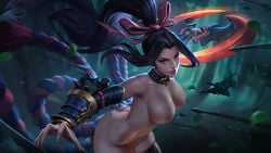 big_breasts black_hair breasts female hanabi_(mobile_legends) hi_res highres kunoichi long_hair mobile_legends mobile_legends:_bang_bang naked ninja nipples schmunch solo_female weapon