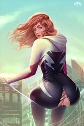 1girls ass blonde_hair blue_eyes female female_only gwen_stacy hood hourglass_figure looking_at_viewer looking_back marvel prywinko pussy pussy_juice pussy_juice_drip ripped_clothes ripped_clothing slim_waist solo solo_focus spider-gwen spider-man_(series) tight_clothing torn_clothes torn_clothing wardrobe_malfunction wide_hips