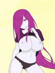 areolae black_underwear breasts breasts_out_of_clothes female female hair_over_one_eye large_breasts lifted_by_self long_hair looking_at_viewer midriff navel nipples no_bra purple_eyes purple_hair re:zero_kara_hajimeru_isekai_seikatsu sekhmet_(re:zero) shirt shirt_lift shirt_lifted_by_self zyifannn