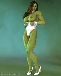 1girls 2009 3d 3d_(artwork) artguyjoe avengers big_breasts black_hair bowtie breasts bunny_girl corset female female_only green_skin high_heels hulk_(series) joe_trimarchi large_breasts long_hair marvel marvel_comics muscles muscular muscular_female nipples she-hulk solo