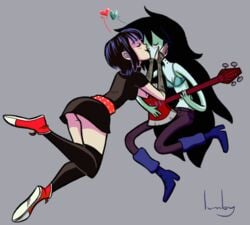 2girls adventure_time crossover electric_guitar female female_only footwear guitar hotel_transylvania kissing lesbian lumby marceline mavis_dracula multiple_girls musical_instrument pale_skin vampire yuri