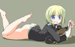 ass bare_legs barefoot blonde_hair blue_eyes blush bottomless canine clothing dachshund erica_hartmann feet grin holding holding_panties lying naitou_kouse no_panties on_stomach panties panties_removed panty_dangle puppy short_hair simple_background smile strike_witches sweatdrop underwear white_panties