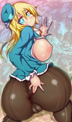 all_fours anus areolae ass atago_(kantai_collection) beret blonde_hair blue_eyes breasts breasts_out dat_ass female hat highres huge_ass huge_breasts innie_pussy kantai_collection long_hair looking_back military_uniform nipples no_bra no_panties no_pants no_underwear pantyhose pussy smile solo uniform xiaoking