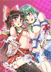 2girls blush bow breasts brown_hair detached_sleeves female female_only frog_hair_ornament gohei green_eyes green_hair hair_ornament hair_tubes hairbow human large_breasts long_hair looking_at_viewer multiple_females multiple_girls nipples open_mouth pantyhose pussy_juice puuakachan reimu_hakurei revision sanae_kochiya smile snake_hair_ornament touhou yuri