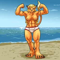 1:1 breasts clothes color digimon exposed_breasts female female_only flexing front_view fur furry furry_breasts genderswap leomon muscular_anthro muscular_arms muscular_female muscular_legs oniontrain paheal panties public_topless solo topless topless_female uncensored uncensored_breasts