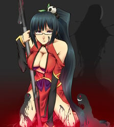 black_hair blazblue cleavage_cutout glasses imminent_rape kneeling kon_nyaku large_breasts litchi_faye_ling long_hair slime staff very_long_hair