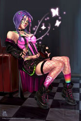 1girls black_boots black_jacket crimsonjassic female female_only fishnet_stockings harry_potter hogwarts hogwarts_student hufflepuff human ivan_flores knees_together_feet_apart leather_skirt long_jacket magic_wand miniskirt nymphadora_tonks pink_corset purple_hair purple_nails schoolgirl witch