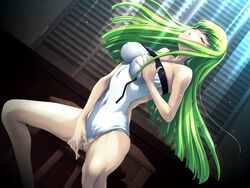 bare_shoulders breasts c.c. closed_eyes code_geass female green_hair hand_on_breast leotard masturbation nipple_bulge open_mouth orgasm orgasm_face sitting spread_legs tagme
