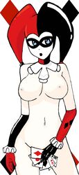 1girls batman_(series) big_breasts blue_eyes breasts color covering_crotch dc dc_comics drawn elbow_gloves female female_only gloves harley_quinn harley_quinn_(classic) naked naked_female nipples playing_cards solo tagme tagme_(artist) unknown_artist