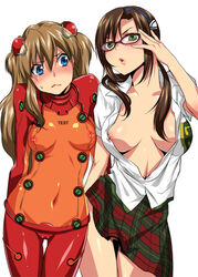 2girls adjusting_glasses areola areolae asuka_langley_sohryu blouse blue_eyes blush breast_envy breasts breasts_apart brown_hair cleavage clothes clothing erect_nipples eyewear female female_only glasses green_eyes human large_breasts light-skinned_female light_skin long_hair makuro mari_illustrious_makinami medium_breasts multiple_girls neon_genesis_evangelion nipple_slip nipples no_bra open_clothes open_shirt plaid plaid_skirt plugsuit rebuild_of_evangelion see-through see-through_clothing shirt skirt staring_at_breasts tartan test_plugsuit