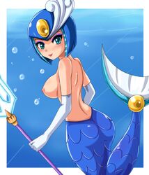 1girls areola back bare_shoulders blue_eyes blush breasts bubble capcom elbow_gloves erect_nipples eyeshadow from_behind gloves helmet large_breasts lipstick looking_back makeup mega_man mega_man(classic) mermaid nipples no_bra polearm sideboob sigurdhosenfeld smile spear splash_woman tail topless trident underwater voluptuous water weapon