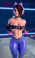 1girls 3d bandeau big_breasts big_hips black_bandeau blender breasts brown_hair capcom choker female female_only gamer_girl headphones jill_valentine jill_valentine_(sasha_zotova) latex leggings light-skinned_female light_skin looking_at_viewer makeup pink_headphones pussy resident_evil resident_evil_3 resident_evil_3_remake sexy short_hair solo solo_female spartanhaunted younger_female