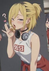 ai_generated blonde_hair choker denim_shorts fellatio_gesture half_updo headphones_around_neck inviting masami_komiyama piercing piercings tagme tank_top tongue tongue_out umamusume umamusume:_cinderella_gray