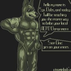 black_fur bribe bribery bribery_with_sex canine cd_projekt_red cyberpunk_2077 dialogue dobermann erect_penis erection male_focus male_only monochrome multicolored_body muscular muscular_anthro muscular_male police police_dog policeman sgt_dobs sharp_teeth smiling solo sunglasses taking_clothes_off talking_to_viewer text text_bubble vitaminbob