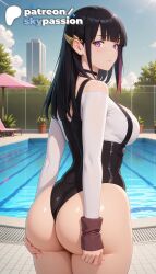 1girls 2026 ai_assisted ai_generated anime artist_name ass big_ass black_hair blue_sky booty breasts bust cloud explicit hi_res high_quality high_resolution highres looking_back metallic_rouge outdoors patreon patreon_username pool poolside purple_eyes rouge_redstar sky skypassion solo stable_diffusion water watermark