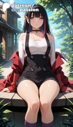 1girls 2026 ai_assisted ai_generated anime artist_name black_hair branch breasts bush bust explicit hi_res high_quality high_resolution highres leaf metallic_rouge off_shoulder outdoors patreon patreon_username rouge_redstar sitting skypassion solo stable_diffusion watermark