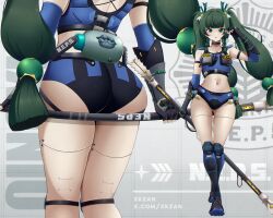 1girls alternate_version_available android android_girl arm_strap armwear ass ass_shot ass_support big_ass booty_shorts bottomwear breasts close-up female female_only footwear full_body green_eyes green_hair hair hair_ornament hips holding_staff holding_weapon legwear micro_shorts police_officer police_uniform policewoman qingyi_(zenless_zone_zero) robot robot_humanoid short_shorts shorts small_breasts solo solo_female staff thighs topwear twintails weapon xkzan zenless_zone_zero