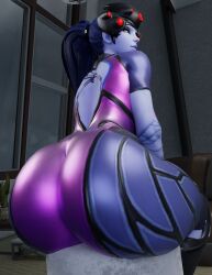 3d arched_back ass back_view blue_hair blue_skin bodysuit come_hither cpt-flapjack female female_only huge_ass inviting long_hair looking_at_viewer looking_back overwatch ponytail presenting seductive sitting skin_tight solo solo_female teasing viewed_from_behind widowmaker