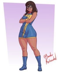 2d avengers bare_arms bare_legs bare_shoulders boobs borderreloaded breasts brown_eyes brown_hair brown_skin brown_skinned_female busty domino_mask dress female female_focus female_only full_body going_commando hero heroine hourglass_figure kamala_khan marvel marvel_comics mask medium_breasts ms._marvel ms._marvel_(kamala_khan) nerd no_bra no_panties scarf superheroine tagme wide_hips