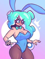 blue_eyes blush bunny_ears bunny_tail bunnysuit cleavage cyan_hair digital_drawing_(artwork) digital_media_(artwork) embarrassed gem_(gemrazzled) gemrazzled medium_breasts octoling octoling_girl original_character splatoon splatoon_2 tentacle_hair