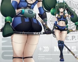 1girls alternate_version_available android android_girl arm_strap armwear ass ass_shot ass_support big_ass blue_shorts bottomwear breasts close-up female female_only footwear full_body green_eyes green_hair hair hair_ornament hips holding_staff holding_weapon legwear police_officer police_uniform policewoman qingyi_(zenless_zone_zero) robot robot_humanoid short_shorts shorts small_breasts solo solo_female staff thighs topwear twintails weapon xkzan zenless_zone_zero
