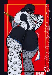 absurd_res animal_print anthro ass big_butt brothersmiler butt_focus canid canine canis chaps clothing domestic_dog female golden_gun hi_res holding_object holding_weapon leg_focus leopard_print looking_at_viewer low-angle_view mammal motion_lines poodle presenting presenting_hindquarters red_background shaking_butt signature simple_background solo tail teasing teasing_viewer text trilla_(brothersmiler) weapon white_clothing worm's-eye_view