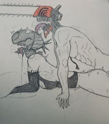 big_breasts bite_mark bomb_devil chainsaw_man denji_(chainsaw_man) denji_(hybrid_form) drooling gripping_pillow licking reze_(chainsaw_man) sex tongue tongue_out マー油