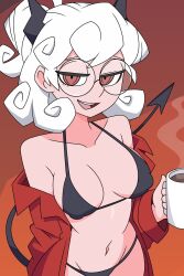 1girls black_bra black_panties bra breasts coffee coffee_mug demon demon_girl demon_horns demon_tail drink female female_only glasses hair half-closed_eyes helltaker holding_drink holding_object horns nipple_bulge open_shirt pandemonica_(helltaker) panties red_eyes red_shirt shirt small_breasts smile solo solo_female steam tail theuncledoomer thighs underwear white_hair