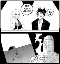 !? 1boy 2026 2girls absurdres are_you_a_virgin?_(meme) bald breasts choso_kamo cleavage completely_nude cup dress english_text extra_eyes highres holding holding_cup jujutsu_kaisen large_breasts long_hair meme mug multiple_girls nude open_mouth sex short_hair speech_bubble suit sweat tengen_(jujutsu_kaisen) wanderjegson yuki_tsukumo