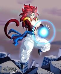 1girls angry artist_name big_bang_kamehameha big_breasts bimbo blue_eyes breasts brown_fur buildings busty cleavage clothed clothed_female clothes clothing covered_nipples digital_media_(artwork) digital_painting_(artwork) dokkan_battle dragon_ball dragon_ball_gt eyeshadow female female_gogeta female_only flying fur fusion genderswap gogeta huge_breasts humanoid large_breasts light-skinned_female light_skin long_hair mammal messy_hair metamoran_clothing nipples okioppai pose posing red_fur red_hair red_tail rule_63 saiyan serious shiny shiny_hair simple_background solo spiky_hair super_saiyan super_saiyan_4 tail thick voluptuous watermark white_pants wide