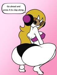 1girls ass blonde_hair clapping_cheeks crouching dialogue female looking_back mc_adore rhythm_heaven rhythm_heaven_fever rhythm_tengoku sleepiitreat squatting sunglasses text thick_thighs