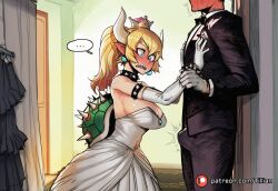 ... 1boy ai_generated armlet bare_shoulders black_dress blonde_hair blue_eyes blush bowsette bracelet breasts bulge butler cleavage collar crown door dress earrings elbow_gloves erection erection_under_clothes female formal gloves height_difference horns jewelry large_breasts long_hair mario_(series) patreon_logo patreon_username pointy_ears ponytail sharp_teeth spiked_armlet spiked_bracelet spiked_collar spiked_shell spikes spoken_ellipsis straight strapless strapless_dress suit super_crown teeth tillian turtle_shell tuxedo walk-in watermark web_address white_dress white_gloves