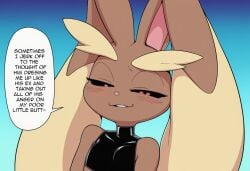 ai_generated black_sclera blush blush_lines brown_body clothing compression_shirt cropped_shirt dialogue ears_down english_text eyebrows eyelashes floppy_ears generation_4_pokemon lagomorph leporid looking_at_viewer lop_ears lopunny male mammal narrowed_eyes nintendo parted_lips pink_eyes pink_nose pivoted_ears pokemon pokemon_(species) rabbit sleeveless_shirt smug solo sweater talking_to_viewer text thick_eyebrows topwear turtleneck