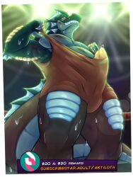 aktiloth animal_genitalia anthro belly bodily_fluids bruised bulge claws clothed clothing clothing_pull dragon erection erection_under_clothing fighting_ring frill_(anatomy) genital_fluids genitals grin grinning_at_viewer head_crest head_frill hi_res leaking_precum lights looking_at_viewer looking_down low-angle_view male multicolored_body musk musk_cloud musky_armpit mythological_creature mythological_scalie mythology partially_clothed pecs penis penis_tip precum precum_on_own_penis precum_on_penis scales scalie slightly_chubby slightly_chubby_anthro slightly_chubby_male smile smiling_at_viewer spotlight subscribestar subscribestar_logo subscribestar_username sweat sweatdrop sweaty_body tail tail_frill teeth thick_thighs wardrobe_malfunction wrestler wrestling_clothing wrestling_singlet