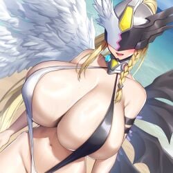 1girls ai_generated angel_wings asymmetrical_wings beach blonde_hair braid brutoaimage demon_wings digimon digimon_(species) huge_breasts long_hair mask mastemon ponytail sling_bikini slingshot_swimsuit solo swimsuit wings