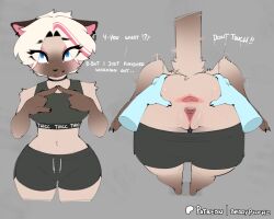 5:4 after_exercise anthro anus artist_name ass athletic_wear belly_tuft bent_over berrypunchz blue_eyes bodily_fluids bottomwear bottomwear_down bra choker clothed clothing colored crotch_lines detailed dialogue digital_drawing_(artwork) digital_media_(artwork) disembodied_hand domestic_cat duo english_text eyelashes eyeshadow felid feline felis female freckled_face freckles fur gaping gaping_anus gaping_vagina genitals gym_bottomwear gym_shorts hi_res jewelry long_eyelashes makeup mammal navel nea_(berrypunchz) necklace partially_clothed piercing pink_eyeshadow plump_labia pose presenting presenting_hindquarters shorts shorts_down siamese siamese_cat signature small_waist solo_focus sports_bra spread_anus spread_vulva spreading sweat sweaty_butt talking_to_viewer tan_body tan_fur text tuft underwear vulva wide_hips y_anus