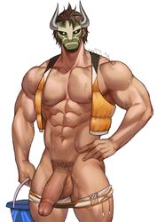 1boy abs bara beefy biceps bodybuilder brown_hair bucket erection fire_emblem fire_emblem:_new_mystery_of_the_emblem human jouvru legion_(fire_emblem) male male_nipples male_only male_pubic_hair mask muscles muscular_male open_shirt pants_down pecs penis semi-erect smooth_skinned_male solo sweaty thick thick_legs thick_penis thick_thighs veiny_penis