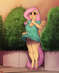 absurd_res anthro anthrofied blush bodily_fluids breasts cleavage clothed clothing english_text equid equine exhibitionism female fluttershy_(mlp) friendship_is_magic genital_fluids genitals hasbro hi_res looking_at_viewer mammal mr._smile my_little_pony no_underwear outside pegasus pussy pussy_juice solo straight_hair text wings