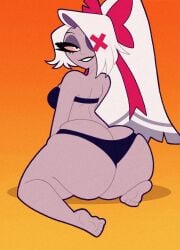 angel ass big_ass big_butt bikini black_bikini booty bottom_heavy female female_focus female_only grey_skin hazbin_hotel huge_ass huge_butt long_hair looking_at_viewer looking_back one_eye_covered one_eye_obstructed one_eye_open pink_iris ponytail ribbon_in_hair smiling tonyneely vaggie vaggie_(hazbin_hotel) white_hair